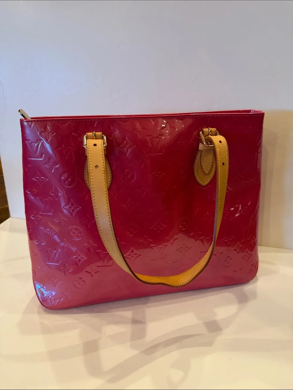 Louis Vuitton Pink Vernis Patent Leather Tote with Tan Straps